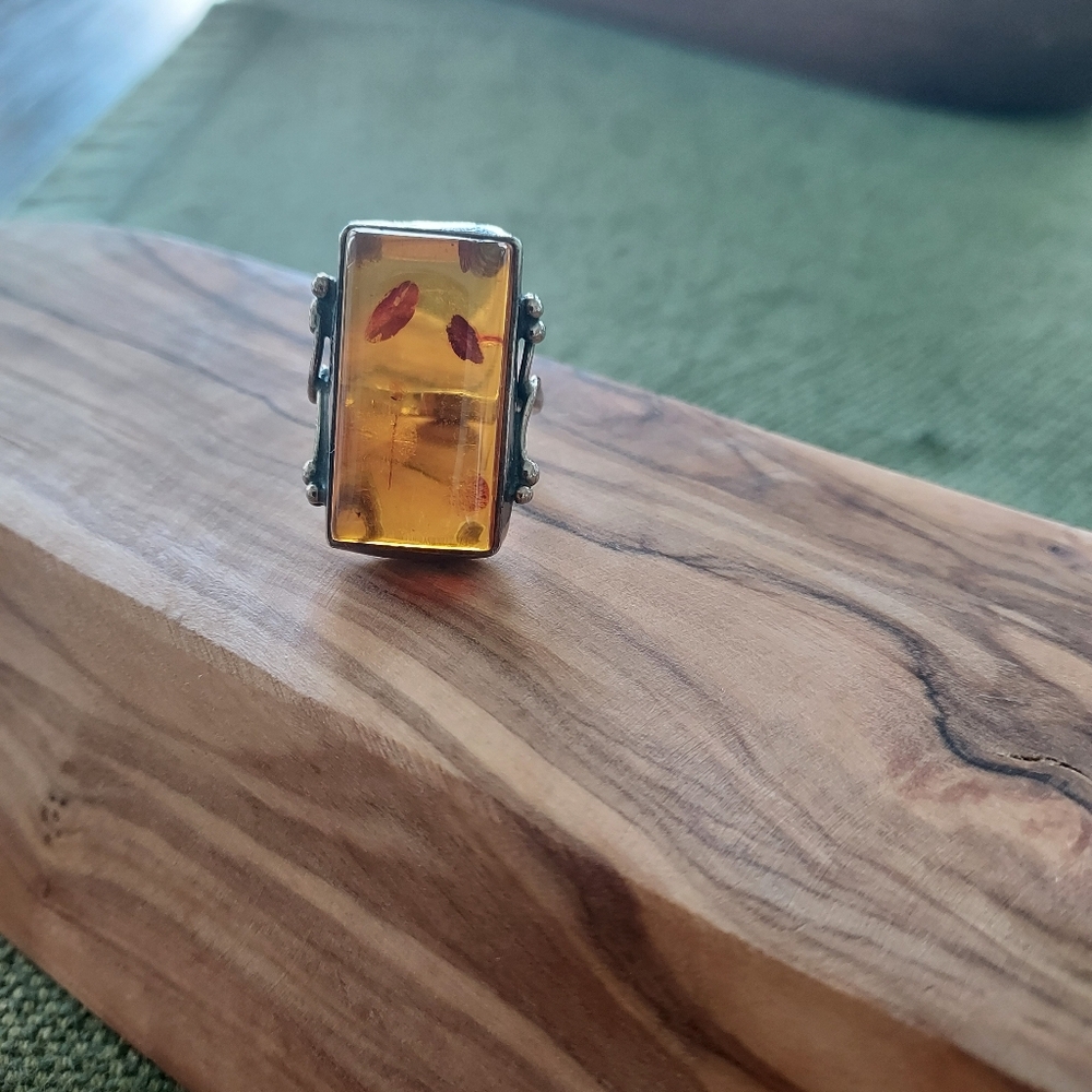 Amber Rectangular Ring With Silver Band - image 4